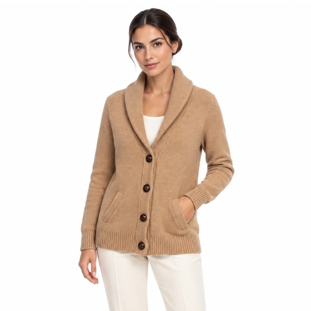 100% Merino Wool Shawl Collar Cardigan S Camel Tan Pockets Quiet Luxury Preppy